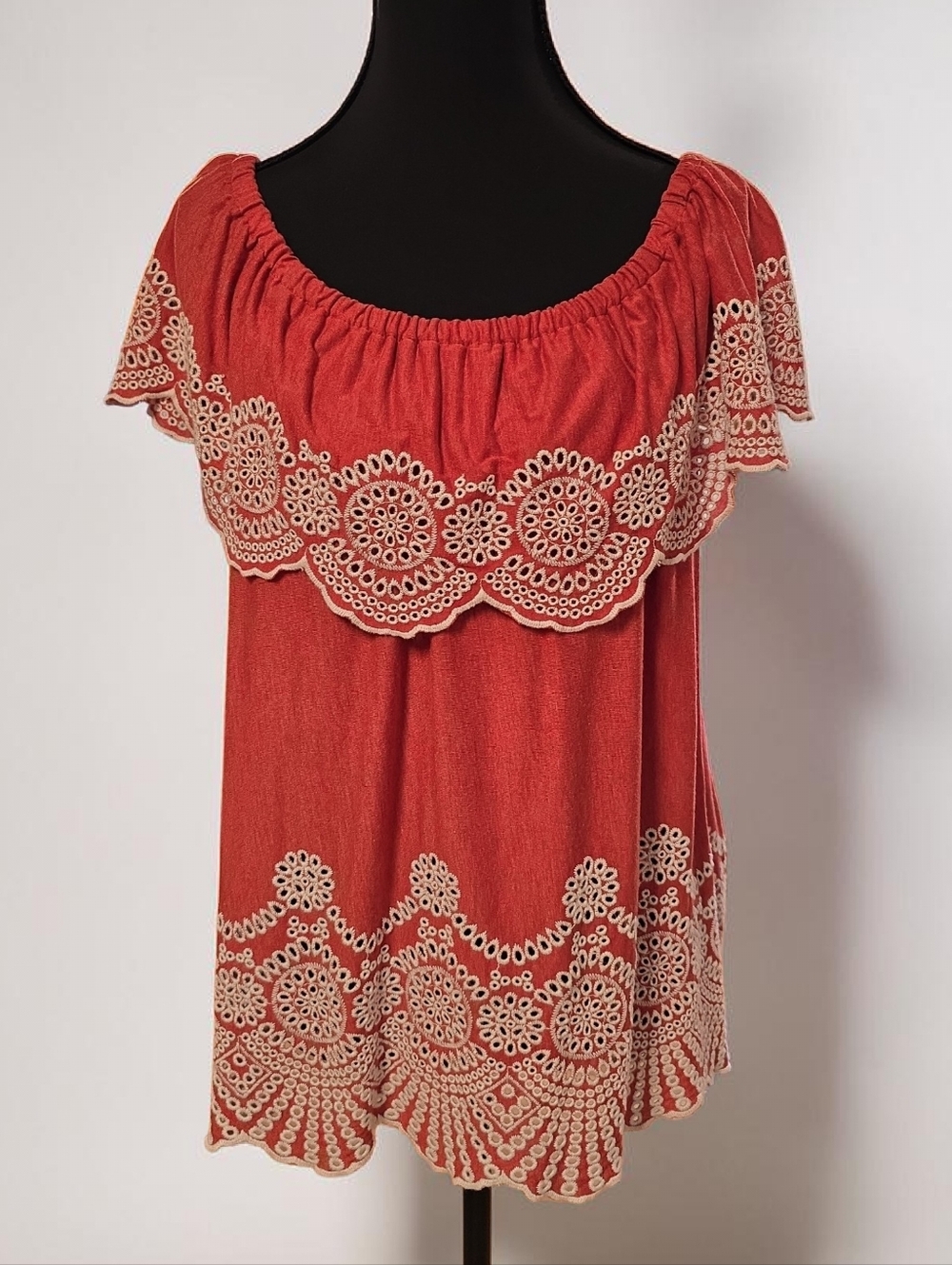 Fever Red Ruffled Boho Peasant On Or Off Shoulder Top L - Picture 1 of 4